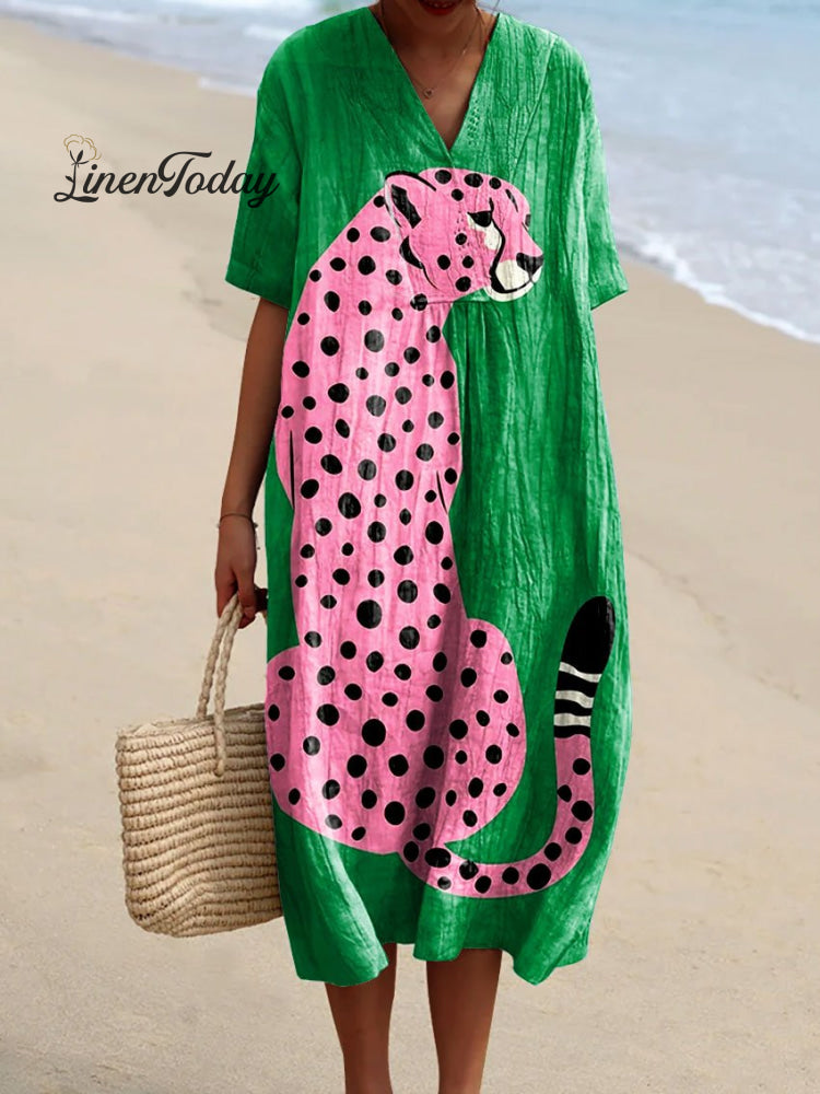 Women&rsquo;s Vintage Pink Cheetah Art Print Flowy Dress Multicolor / S
