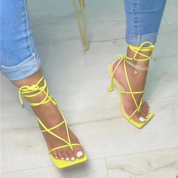 Sexy Open Squared Toe Thong Strap Heels
