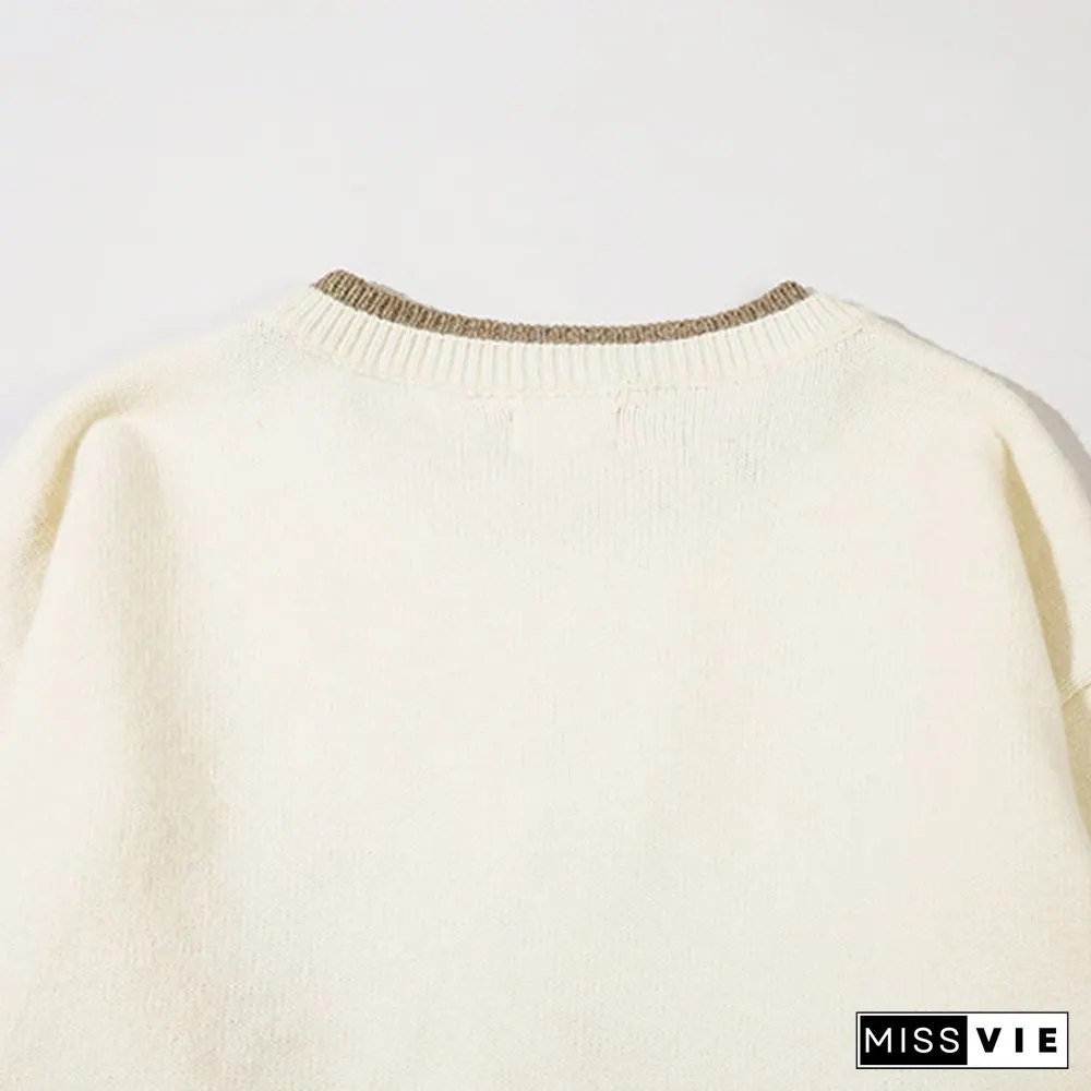 Cartoon Dinosaur Letter Print Colorblock Knit Sweater