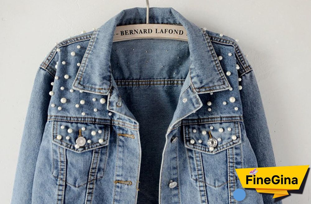 S-5XL Women Pearls Beading Denim Jacket BF Vintage Denim Jean Jacket Loose Coat Outwear