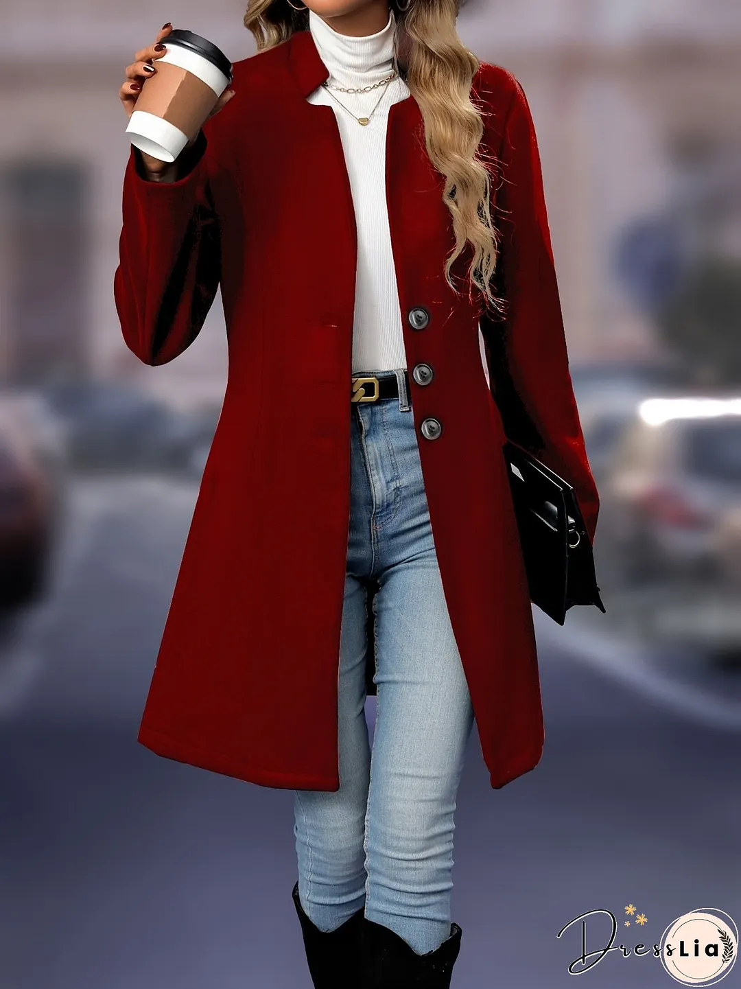 Solid Button Front Tunic Overcoat, Elegant Long Sleeve Winter Outwear, Women's Clothing