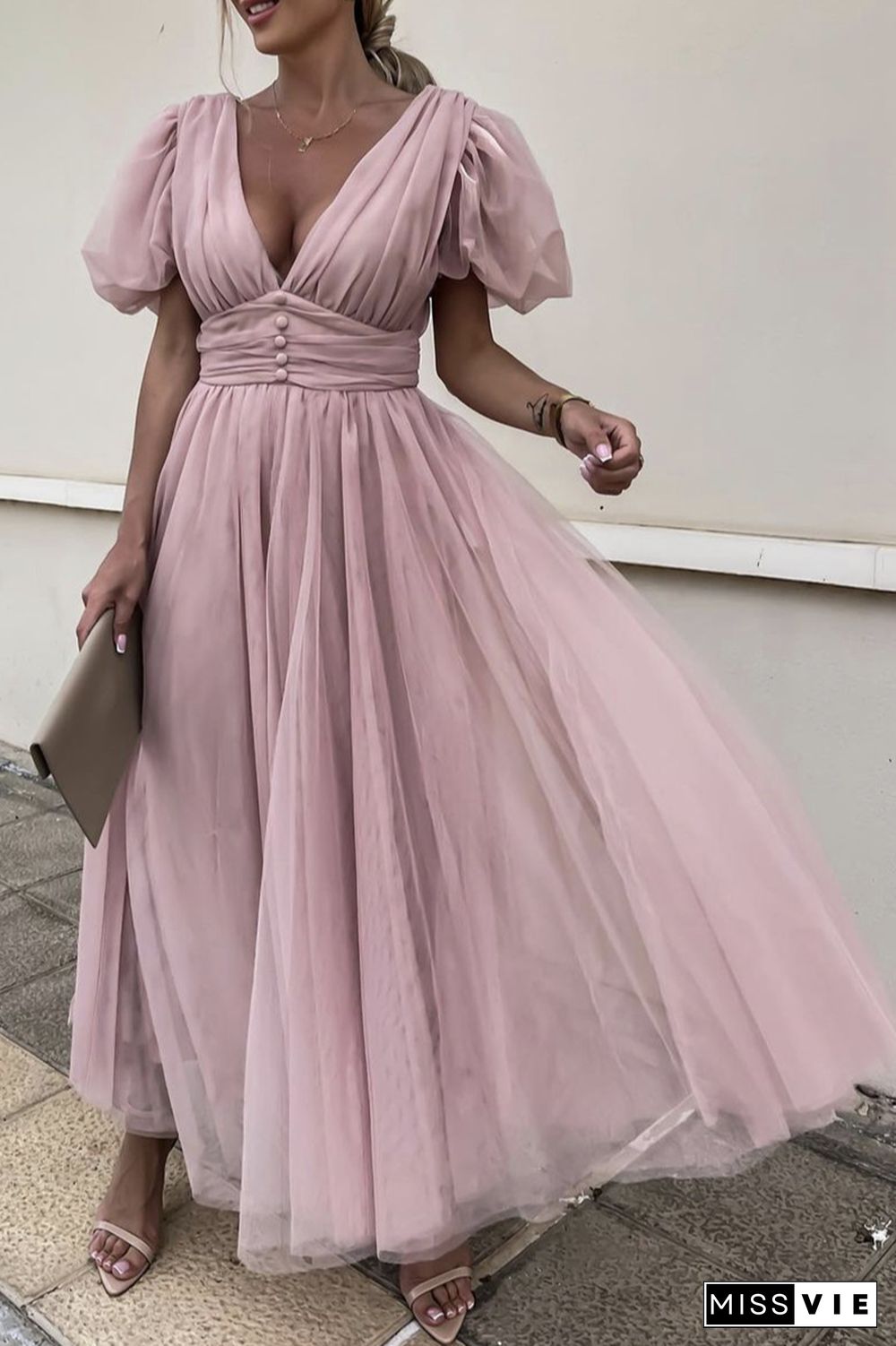 Dot V Neck Button Empire Waist Mesh Maxi Dress