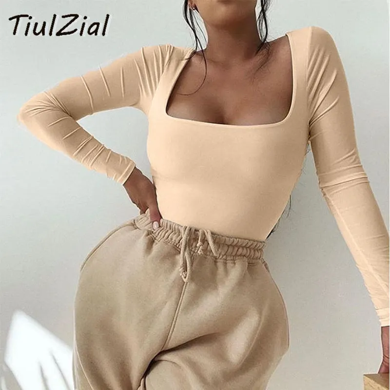 Square Collar Long Sleeve Bodycon Bodysuit For Women Autumn White Women Bodysuit Winter Casual Body Female Top Black