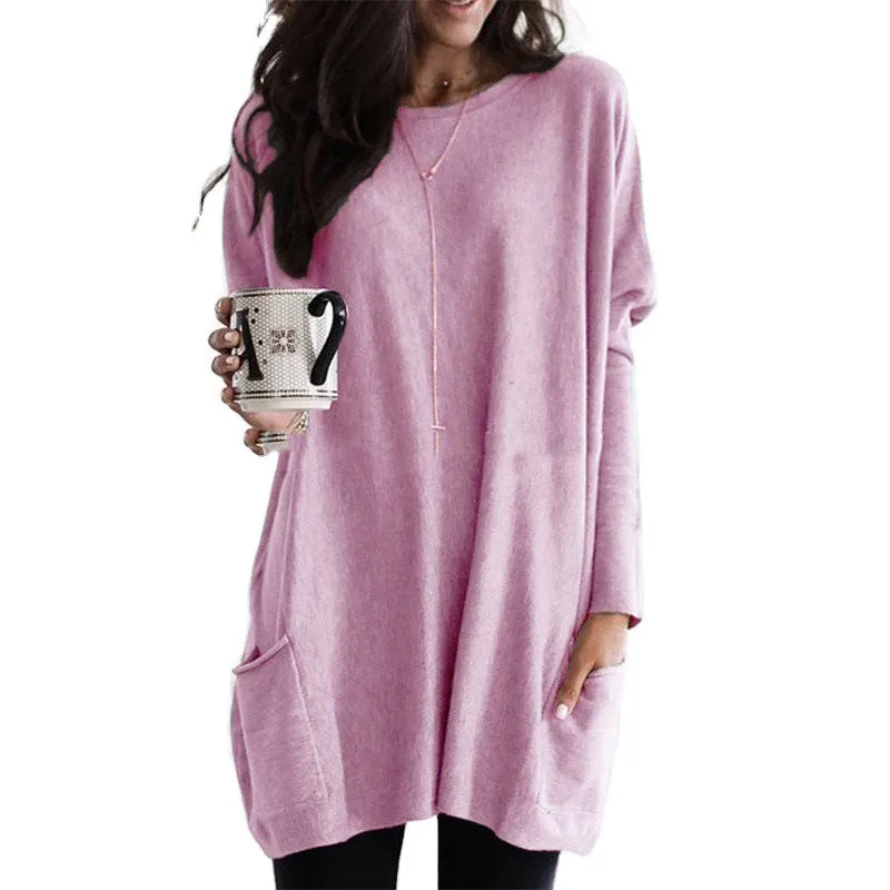 Brownm Autumn Pullover Casual Round Neck Long Sleeve Pocket T-shirt Top