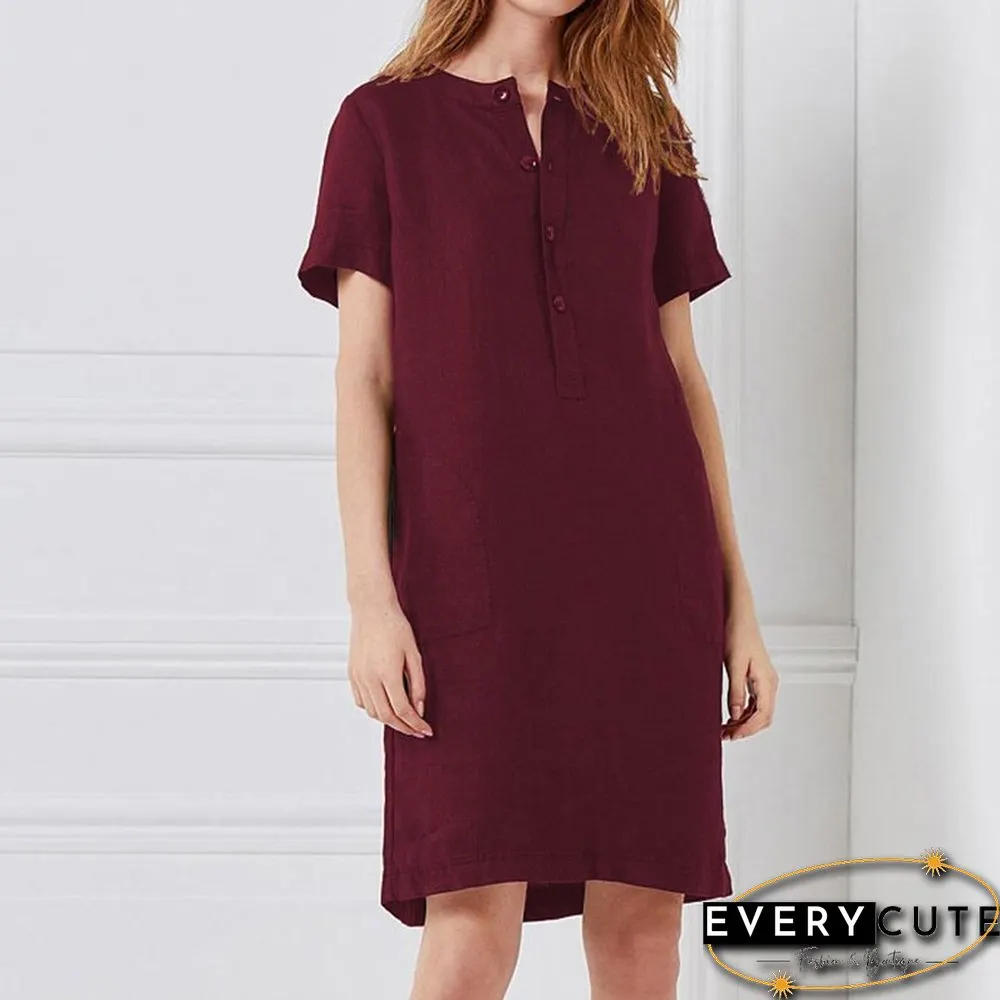 Spring Cotton Linen Dress Fashion Button O-Neck Knee Party Dress Summer Women Casual Short Sleeve Pocket Solid Dresses