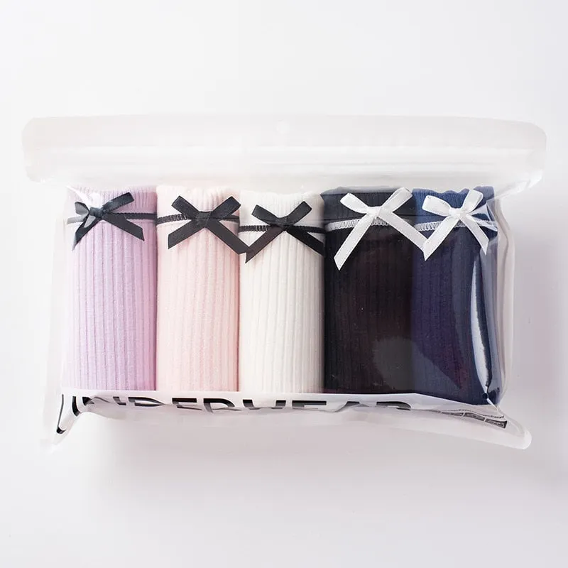 Five Piece Set Women's Cotton Underwear Sexy Solid Color Panties Fashion Bow Comfort Briefs Mid Waist Seamless Female Lingerie