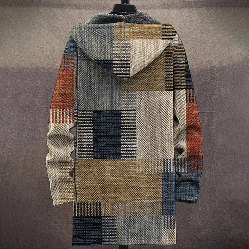 Men'S Retro Color Block Print Long Sleeve Cardigan Jacket