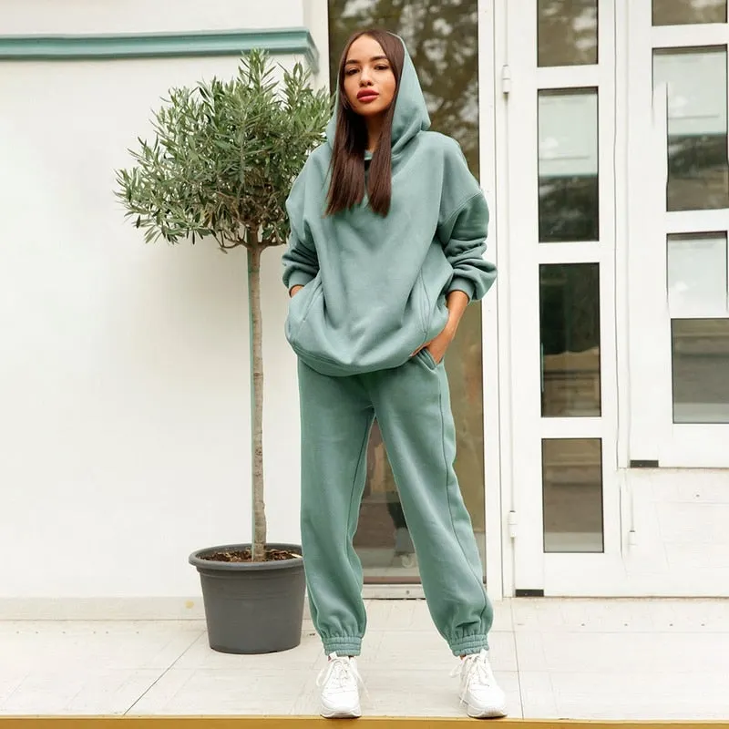 2021 Autumn Women Hoodies And Sweatpants White Tracksuits Female Two Piece Solid Color Pullovers Jacket Lounge Wear Casual Suit