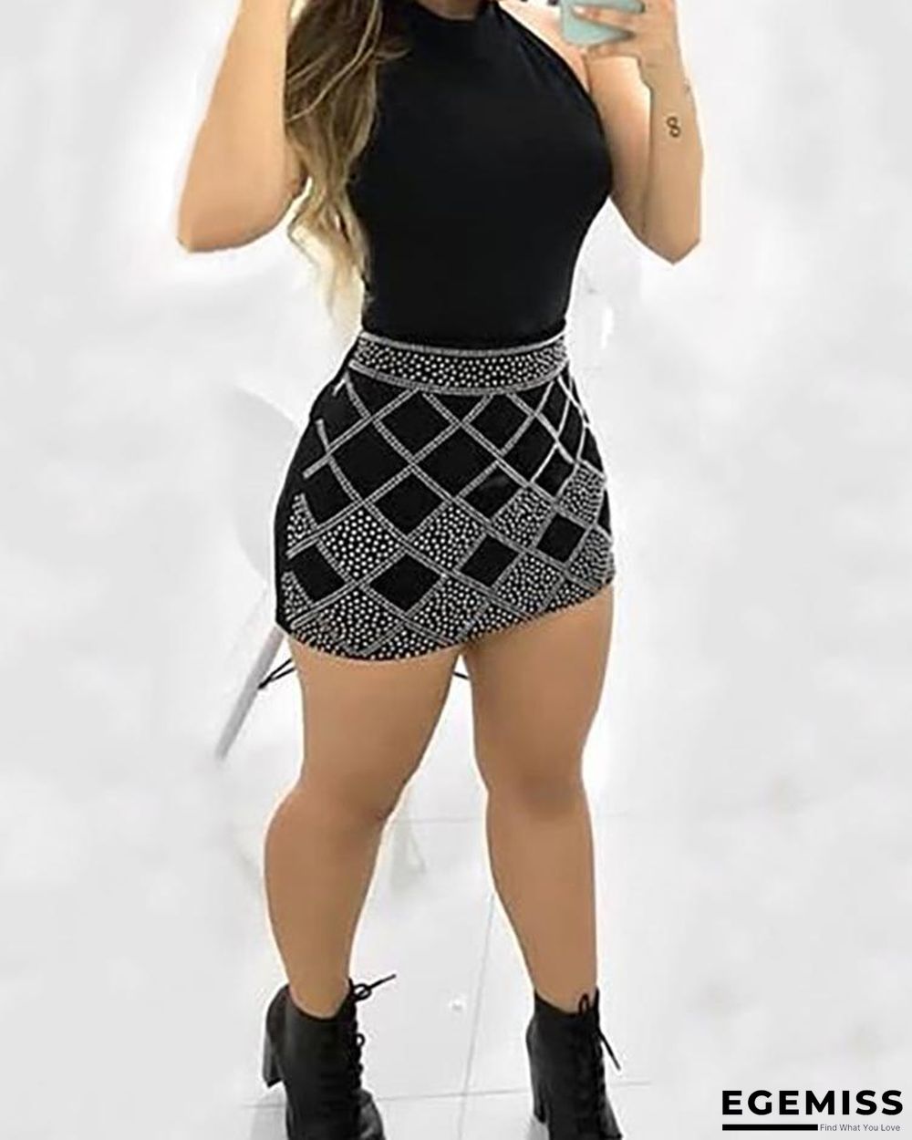 Sleeveless Dots Print Bodycon Mini Dress Black Dresses | EGEMISS