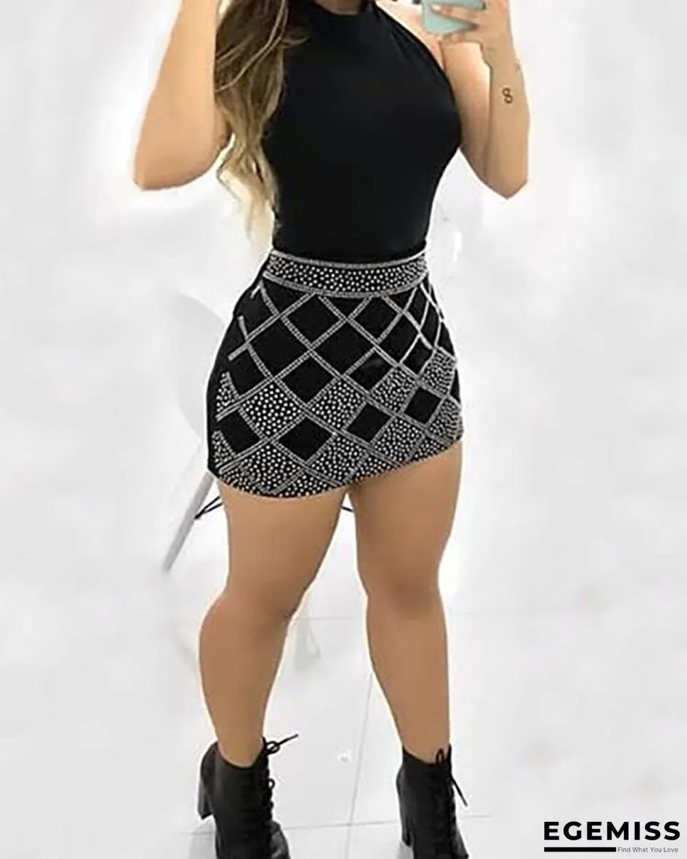 Sleeveless Dots Print Bodycon Mini Dress Black Dresses | EGEMISS