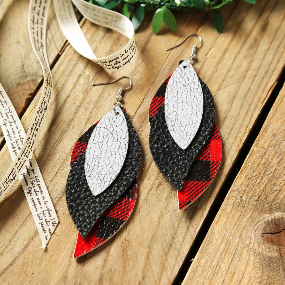 Plaid Sequined Leaf Multi-Layered Leather Earrings