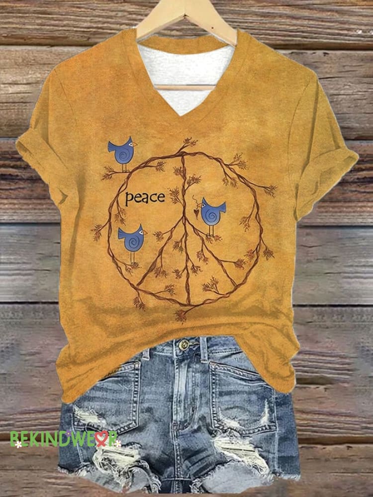 Women&rsquo;S Casual Vintage Hippie Peace Sign Love And Peace Print Short Sleeve T-Shirt Yellow / S