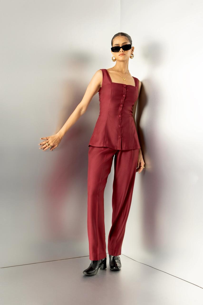 Crimson contour - burgundy tailored straight fit trousers