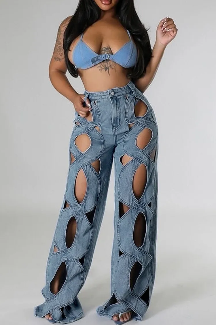 Street Solid Hollowed Out Patchwork Pocket Buttons Zipper High Waist Loose Denim Jeans
