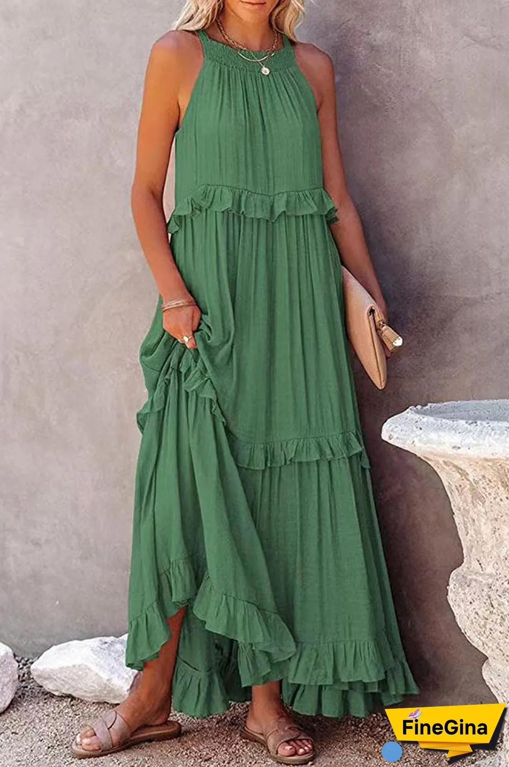 Pocketed Halter Textured Maxi Dress