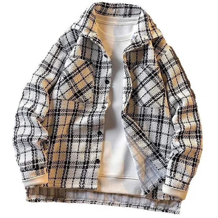 Vintage Houndstooth Pattern Shirt Jacket for Men with Lapel Collar