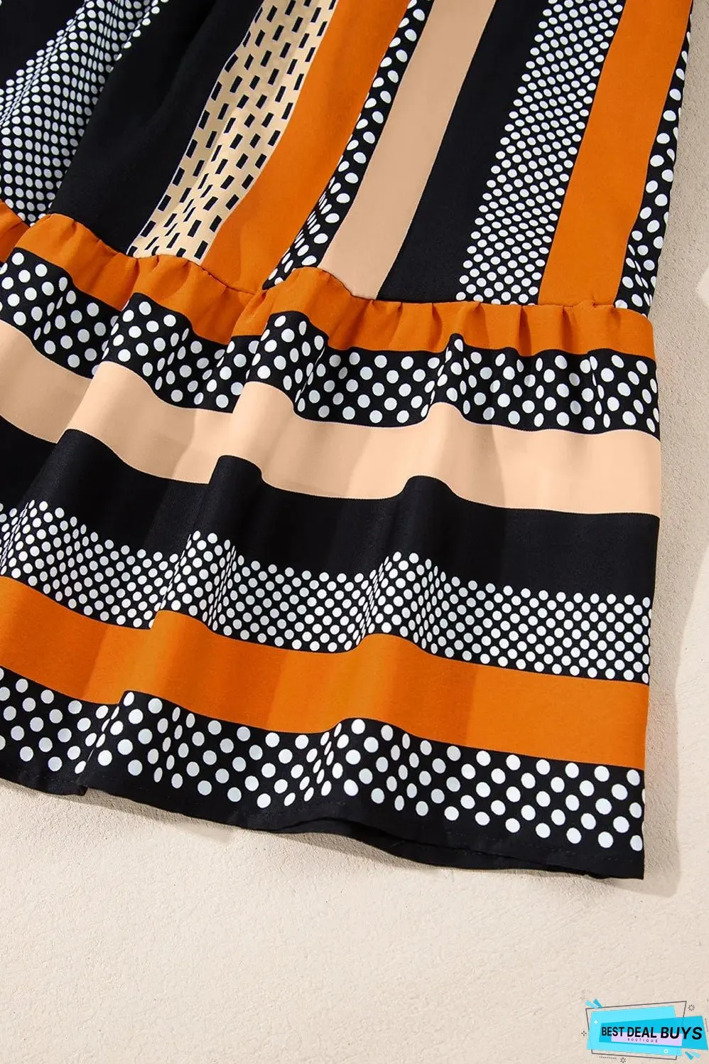 Black Striped Polka Dot Print Ruffled Hem V Neck Mini Dress