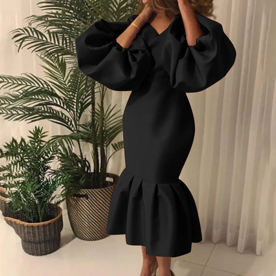 Brownm Commute Plus Size Women's Fashion Solid Color V-neck Bubble Long Sleeve Fishtail Dress