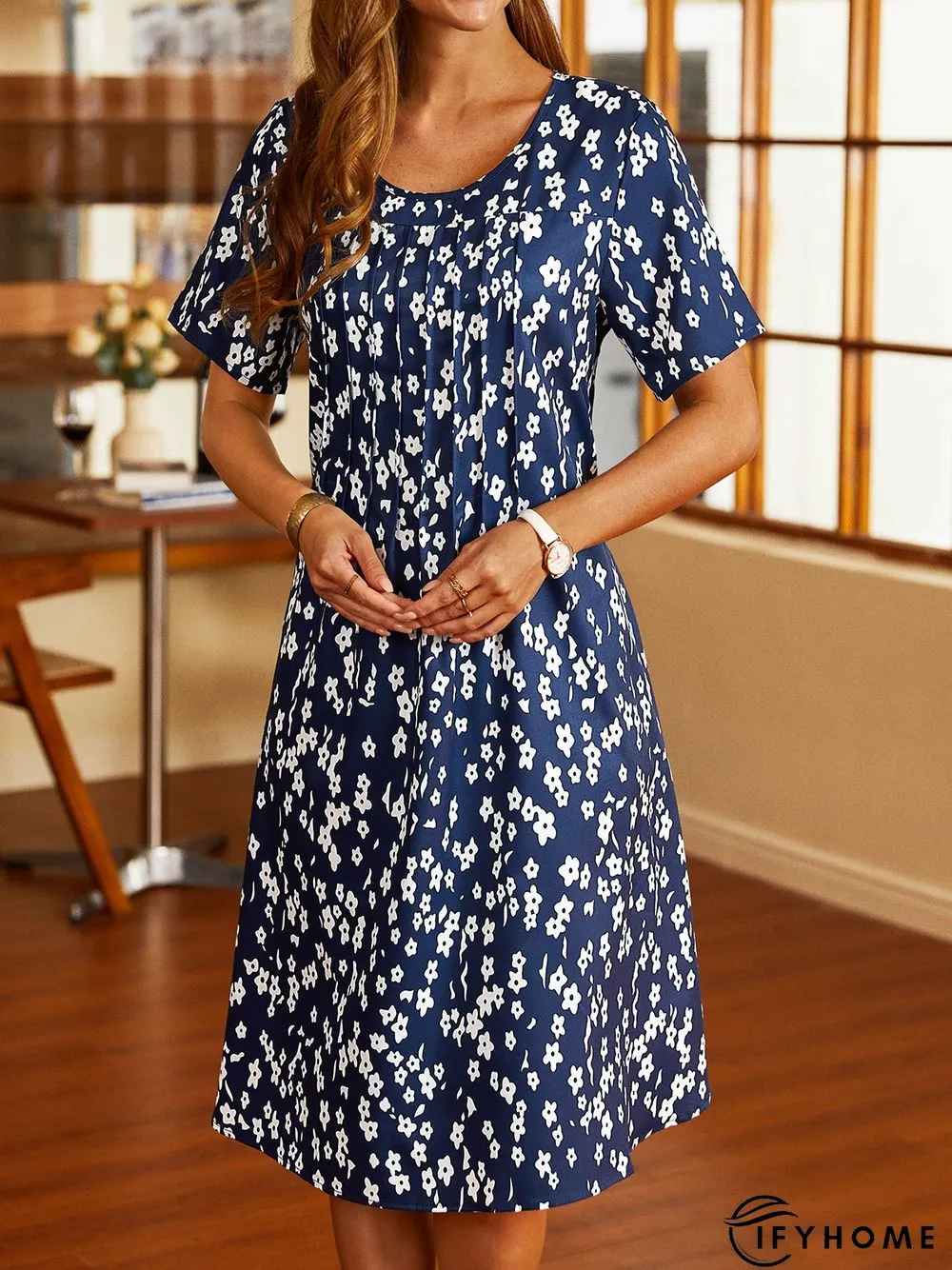 Floral Short Sleeve Casual Woven Dress | IFYHOME