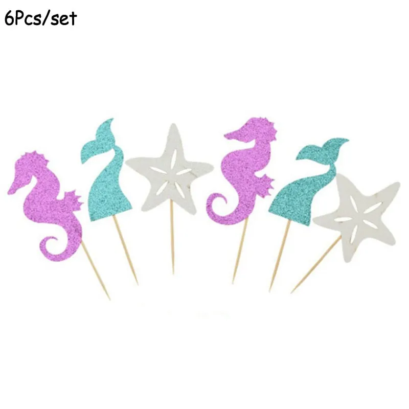 1Set Mermaid Party Happy Birthday Cake Topper Cupcake Toppers Girl Baby Shower Little Mermaid Theme Birthday Party Decorations