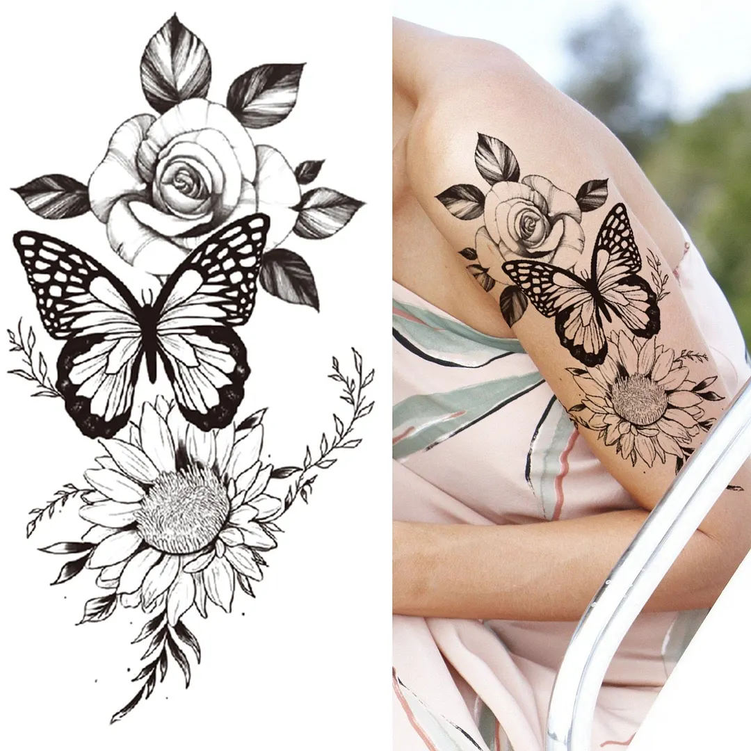 3D Snake Rose Temporary Tattoos For Women Girls Fake Flower Tattoo Sticker Black Death Eaters Dark Mark Mamba Snake Peony Tatoos 515-1