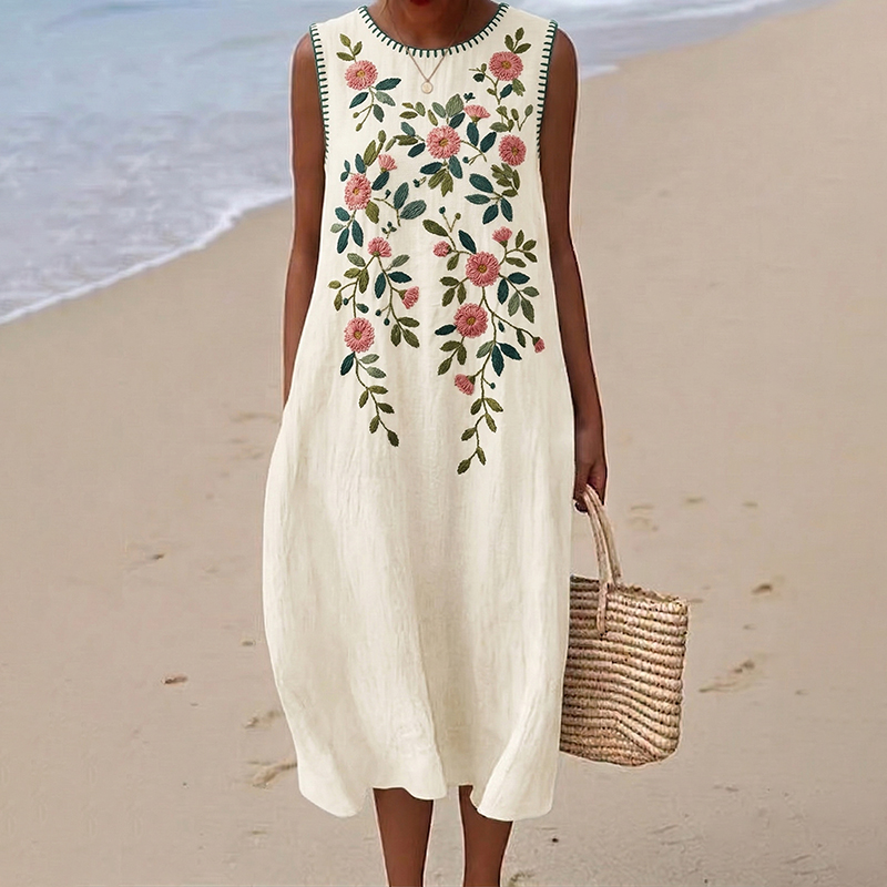 Women's Bohemian Floral Pattern Round Neck Sleeveless Loose Midi Dress elevenforest