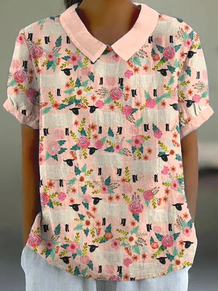 Farm Sheep Floral Pattern Linen Blend Casual Shirt