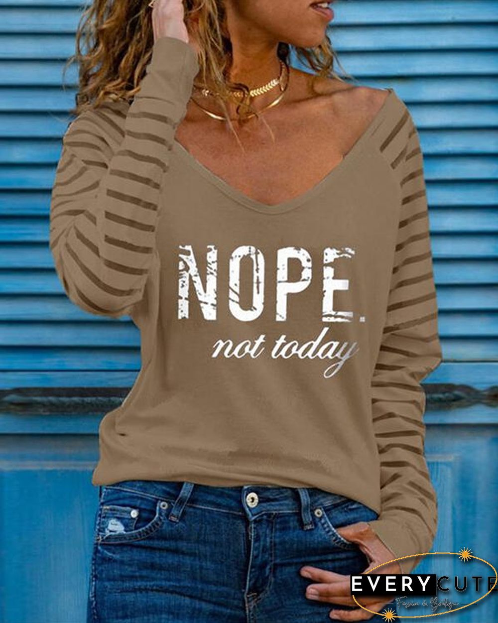 Casual Letter Print V Neck Shirts&Tops