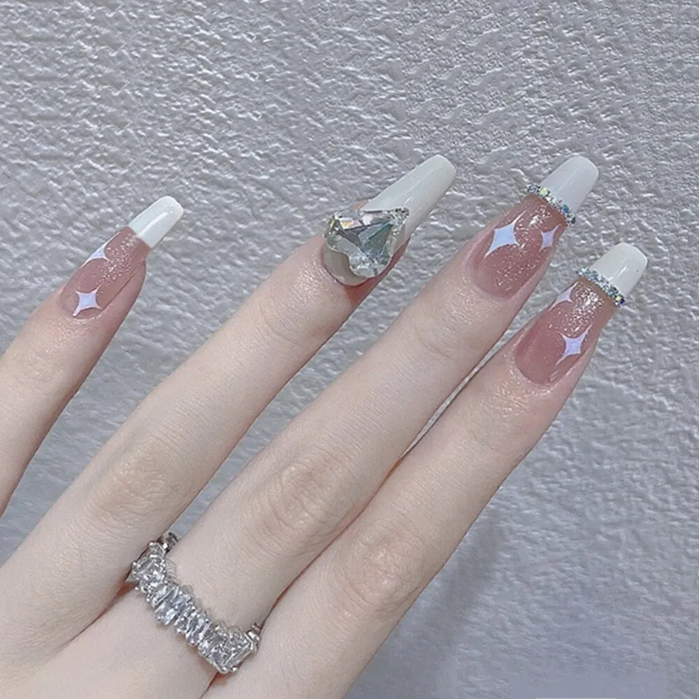 24PCS Press On Nails with Diamond Butterfly Design White Fake Nails Coffin Ballet False Nails Manicure Salon DIY  Full Finished-Nail Inspo