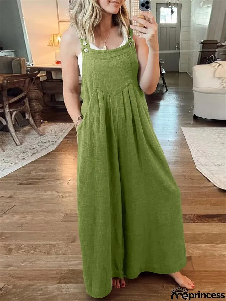 Women's Casual Cotton Linen Wide Leg Holiday Jumpsuits