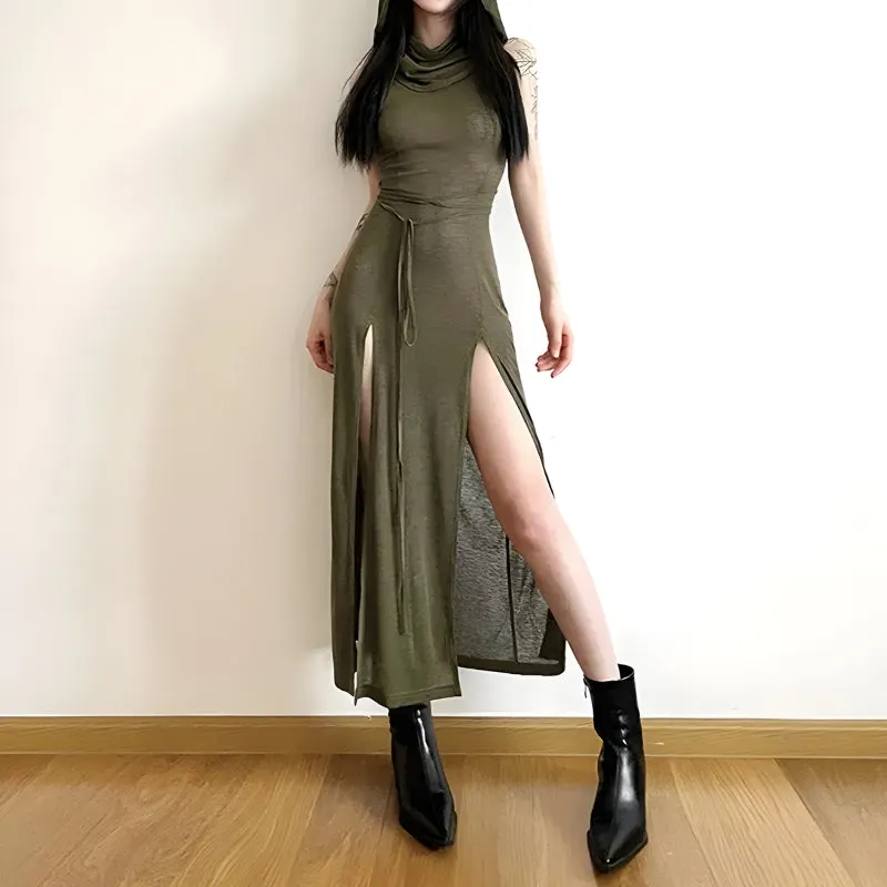 Brownm Hooded Cut Out Back Midi Dress