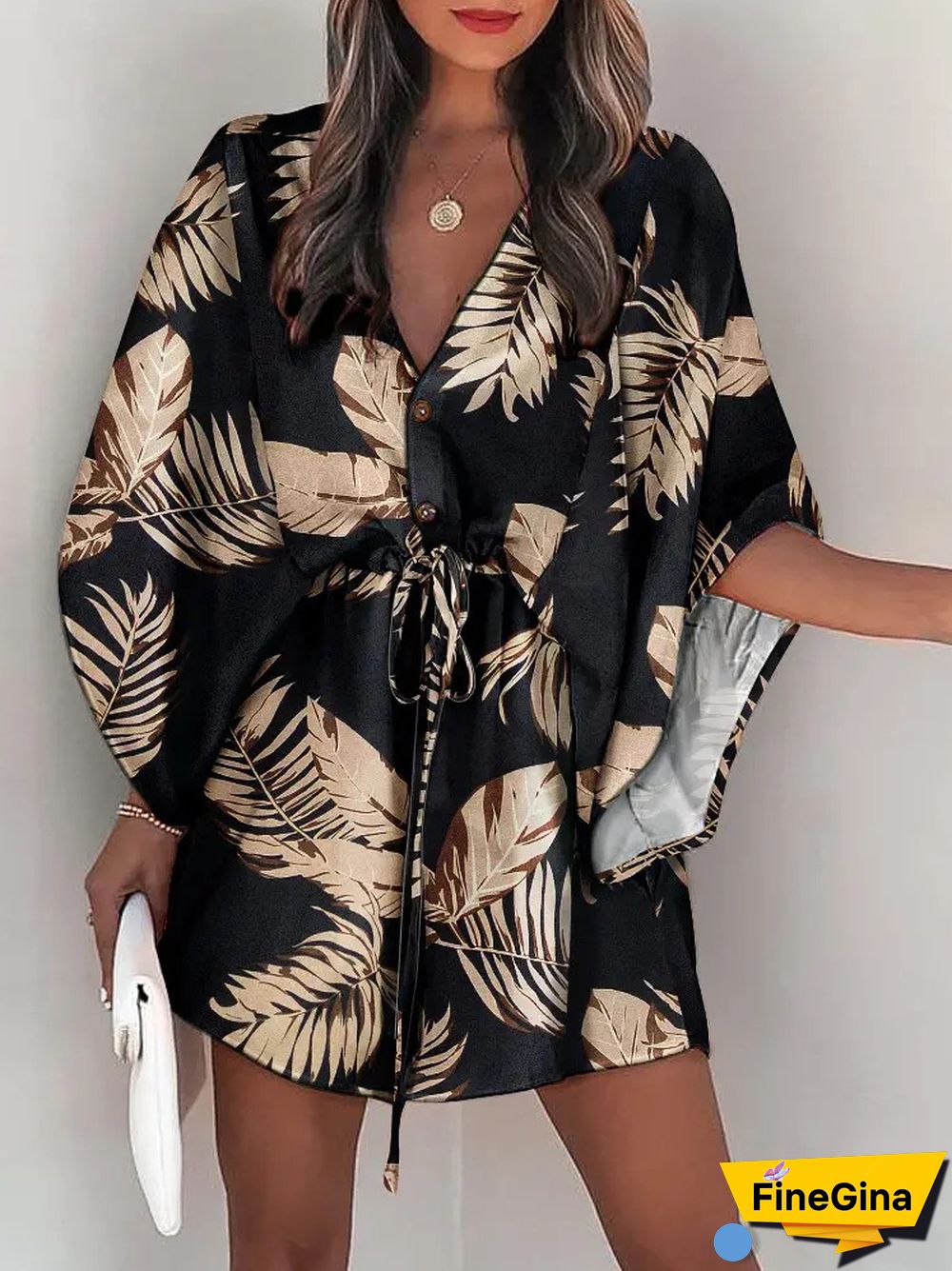 Summer Women's Fashion Holiday Dress Casual Print Flying Sleeve V-Neck Drawstring Mini Loose Dresses For Women Streetwear