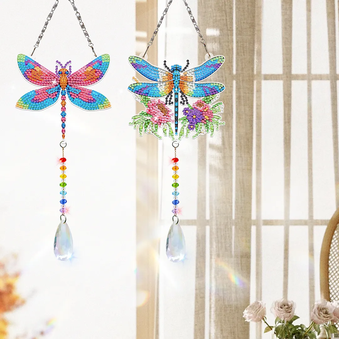 2Pcs Dragonfly DIY Acrylic Diamond Painting Art Wind Chimes with Crystal Pendant Diamond Art Hanging Pendant Double-Sided for Adults Beginners Gift Home Garden Decor