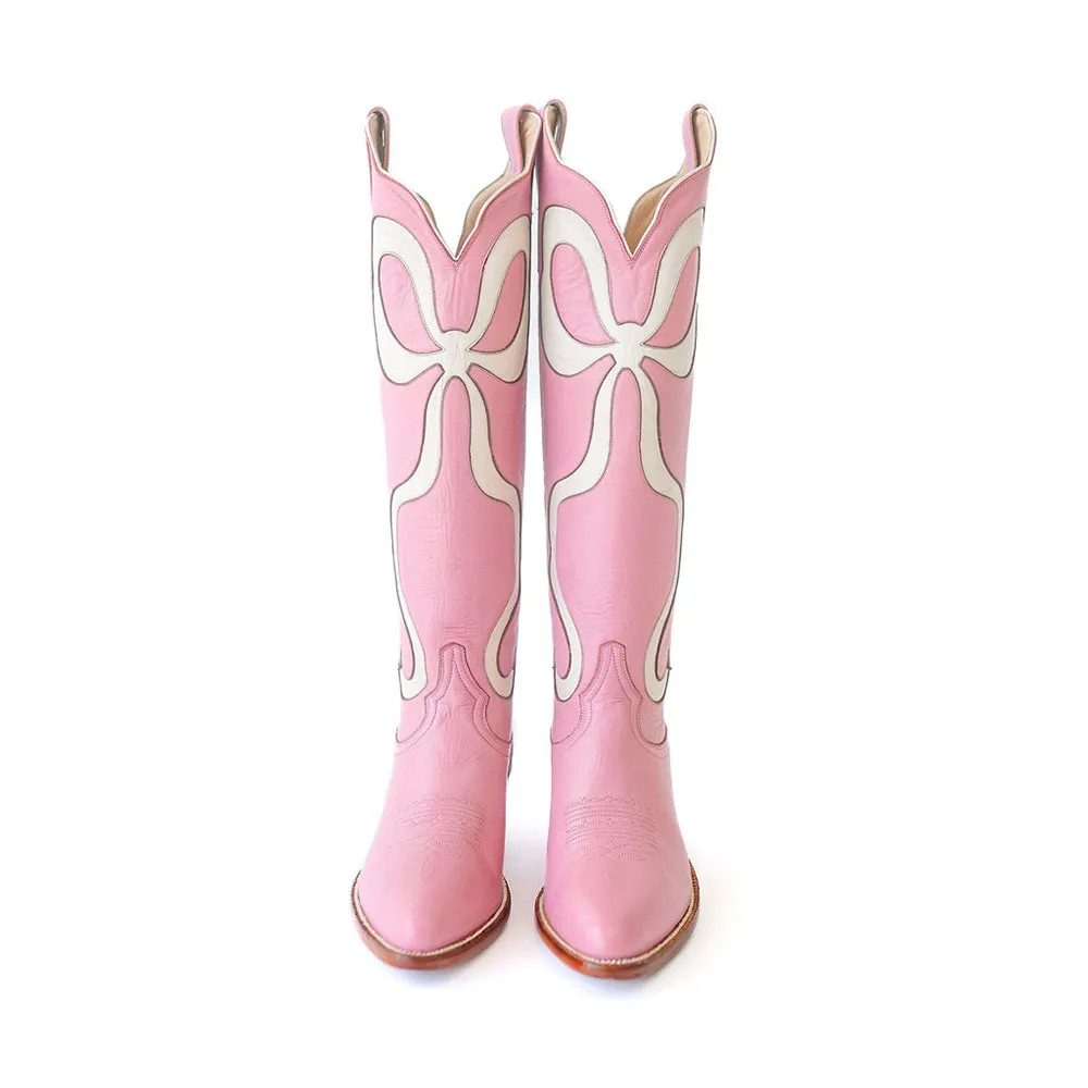 Pink & White Closed Toe Bow Inlay Knee High Cowgirl Boots