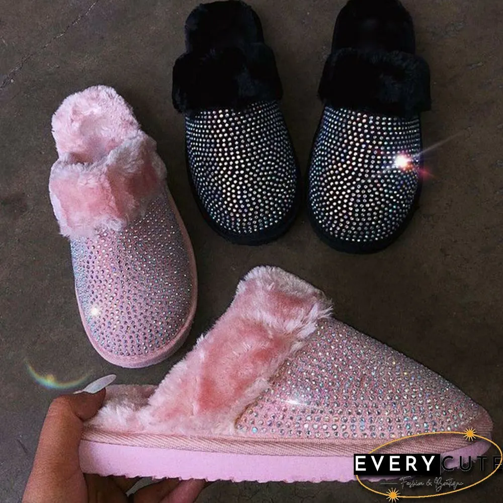 Fashion Womens Glitter Crystal Slippers Memory Foam Fluffy Fur Soft Slippers Warm House Shoes Indoor Outdoor Winter Christmas Gift