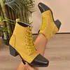 Women's Trendy 65mm High Color Block Square Toe Chunky Heel Short Martin Boots