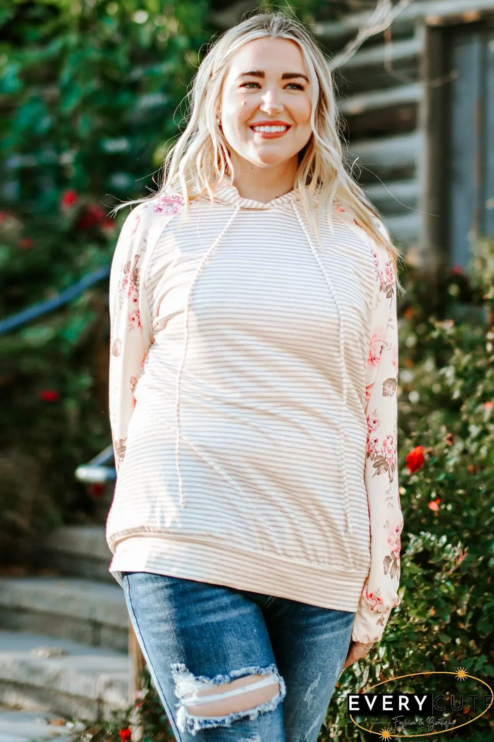 Plus Size Floral Raglan Sleeve Striped Hoodie