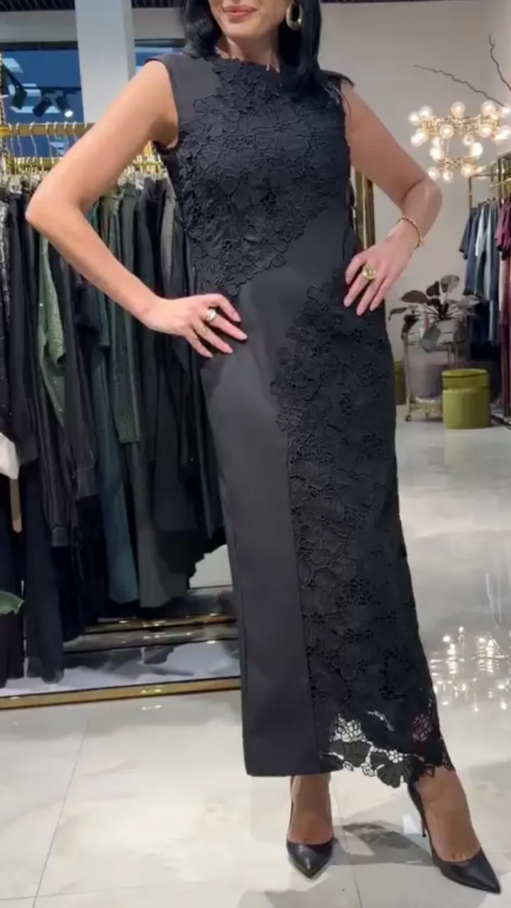 Black Sleeveless Lace Midi Dress