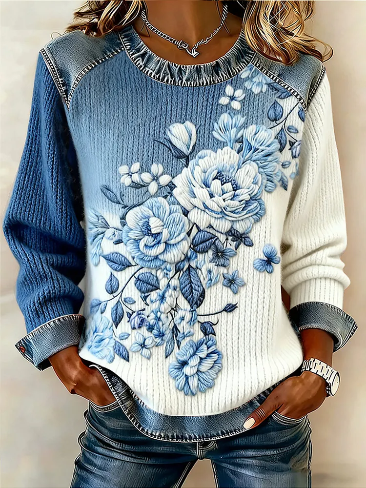 Women's winter retro blue floral print faux denim patchwork top 