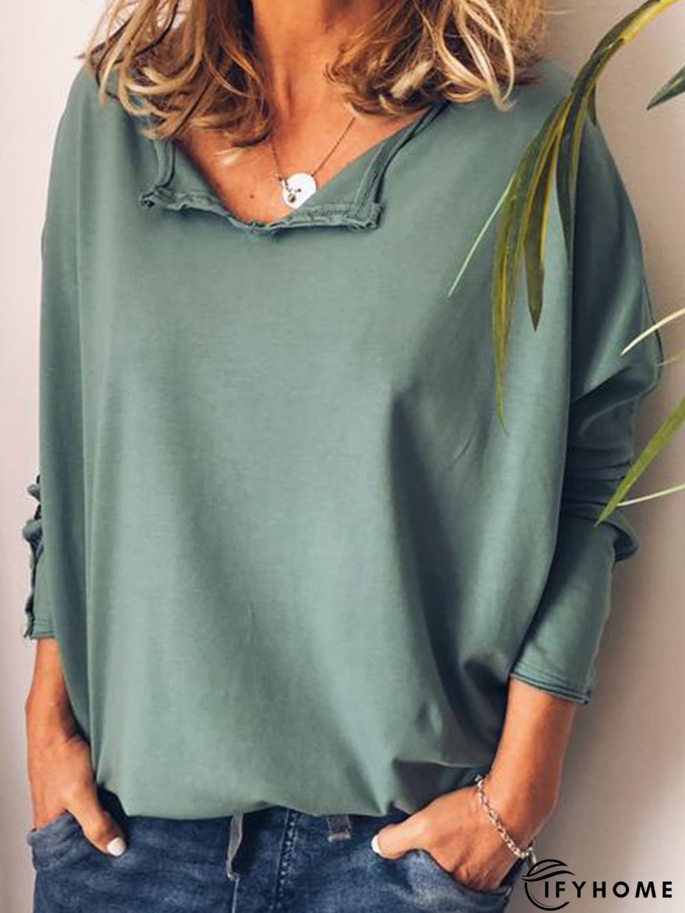 Casual Cotton V Neck Long Sleeve T-Shirt | IFYHOME