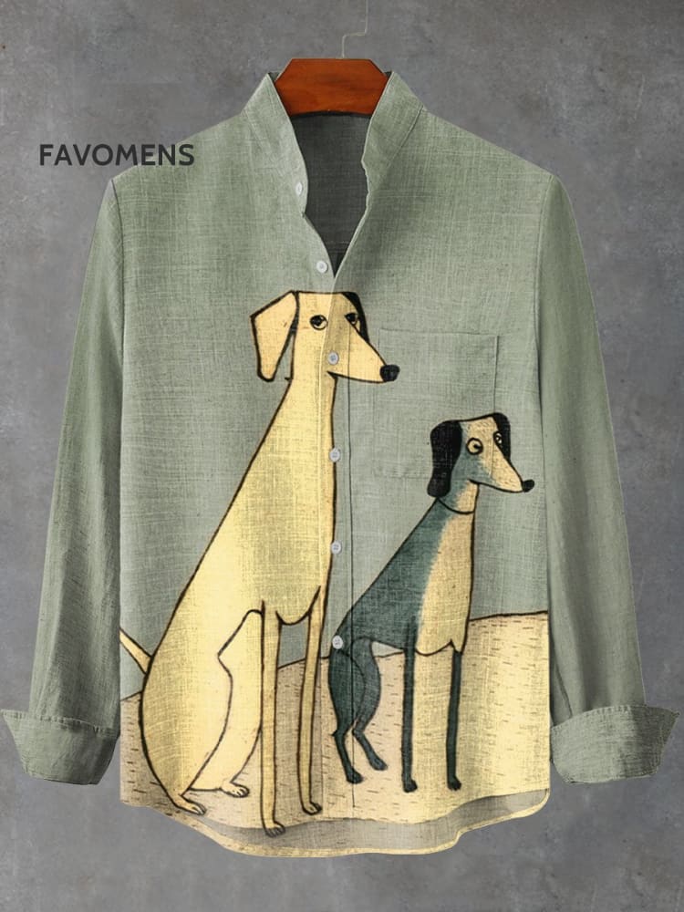 Minimalist Design Sense Dog Vintage Stripe Print 100% Cotton Long Sleeve Shirt Multicolor / S