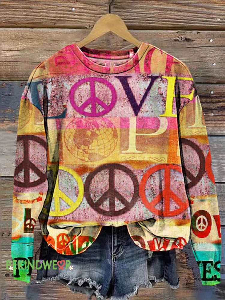 Peace Love Hope Happiness Print Casual Sweatshirt Multicolor / S