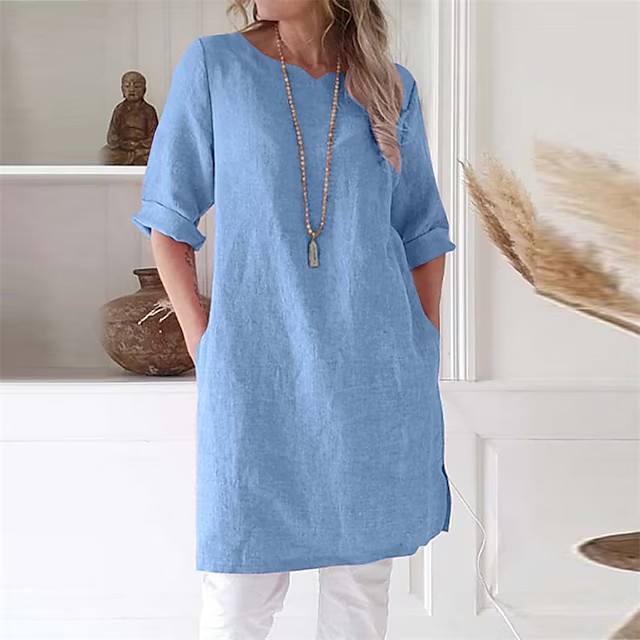 Crewneck Cotton Elegant Tunic Dress