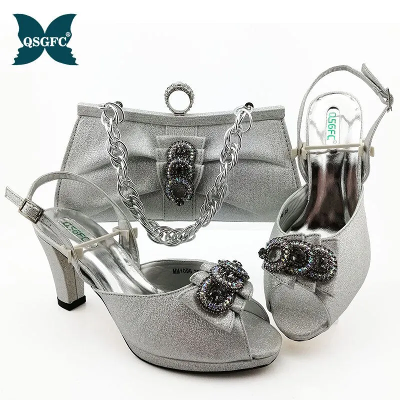 Latest Design Women Italian African Party Pumps Shoes and Bag Set Decorated with Rhinestone Women Shoes and Bag Set In Blue