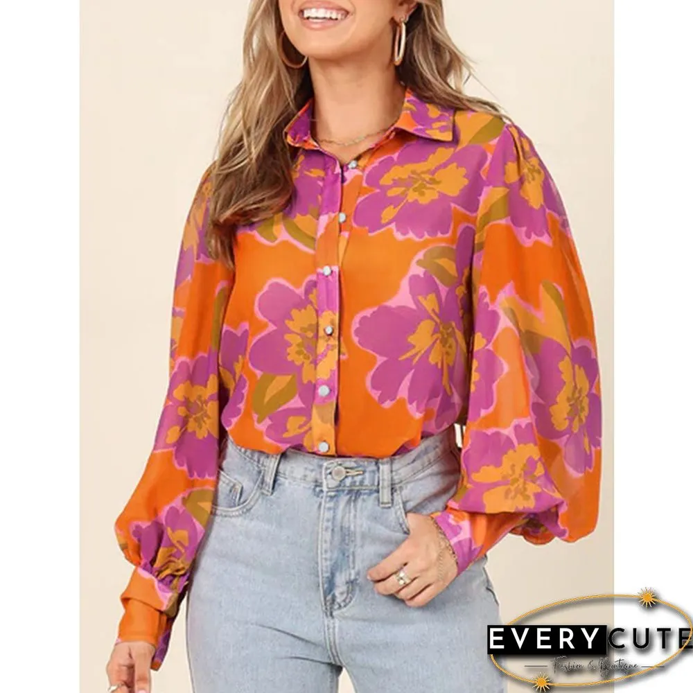 Orange Floral Chiffon Lantern Long Sleeve Blouse