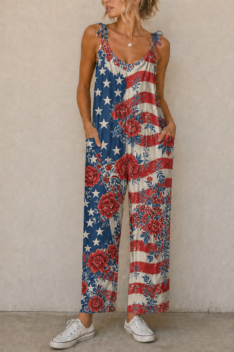 Flowing Floral Flag Suspender Jumpsuit