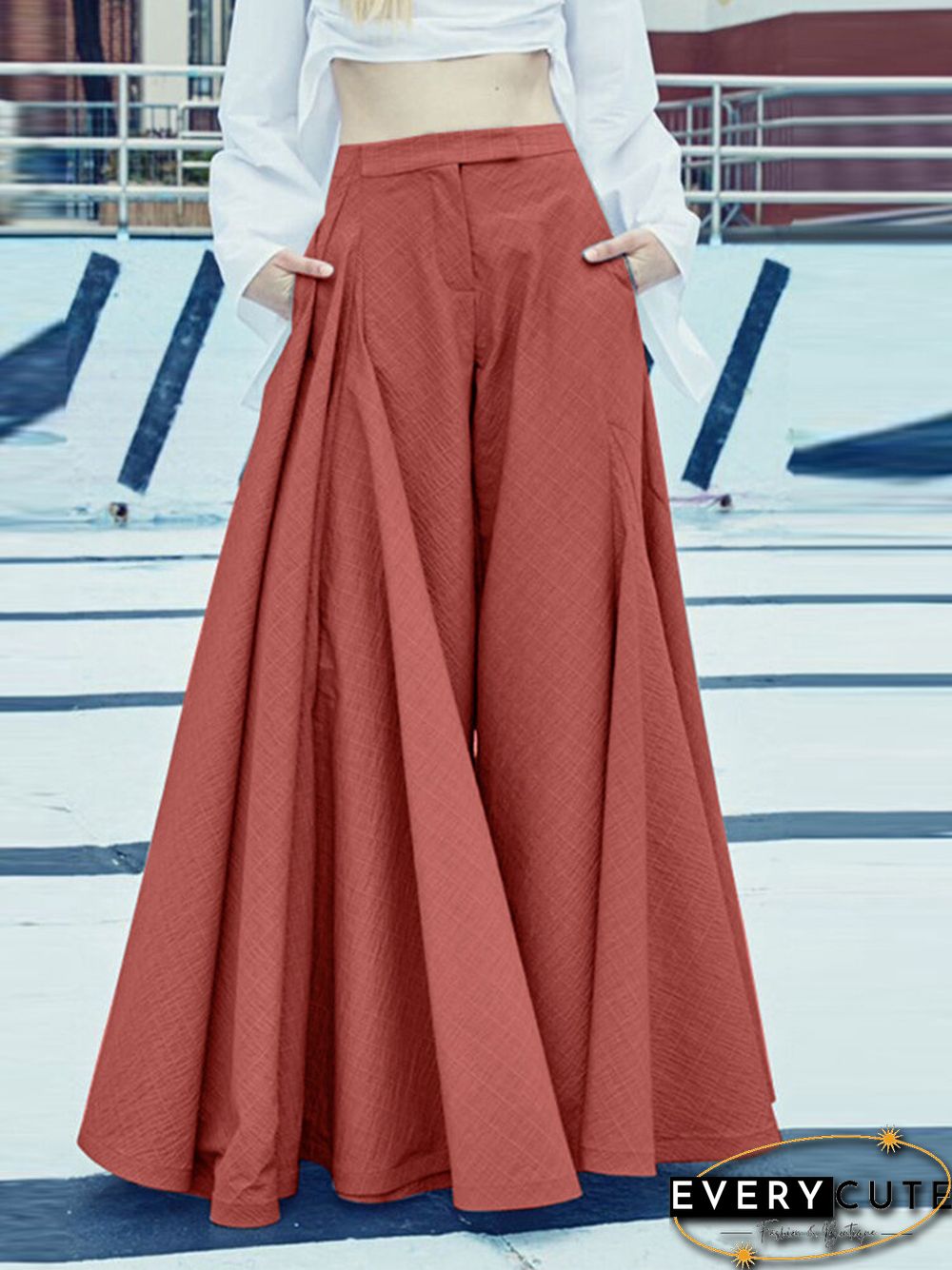 Solid Wide Leg Pocket Zip Front Loose Casual Pants