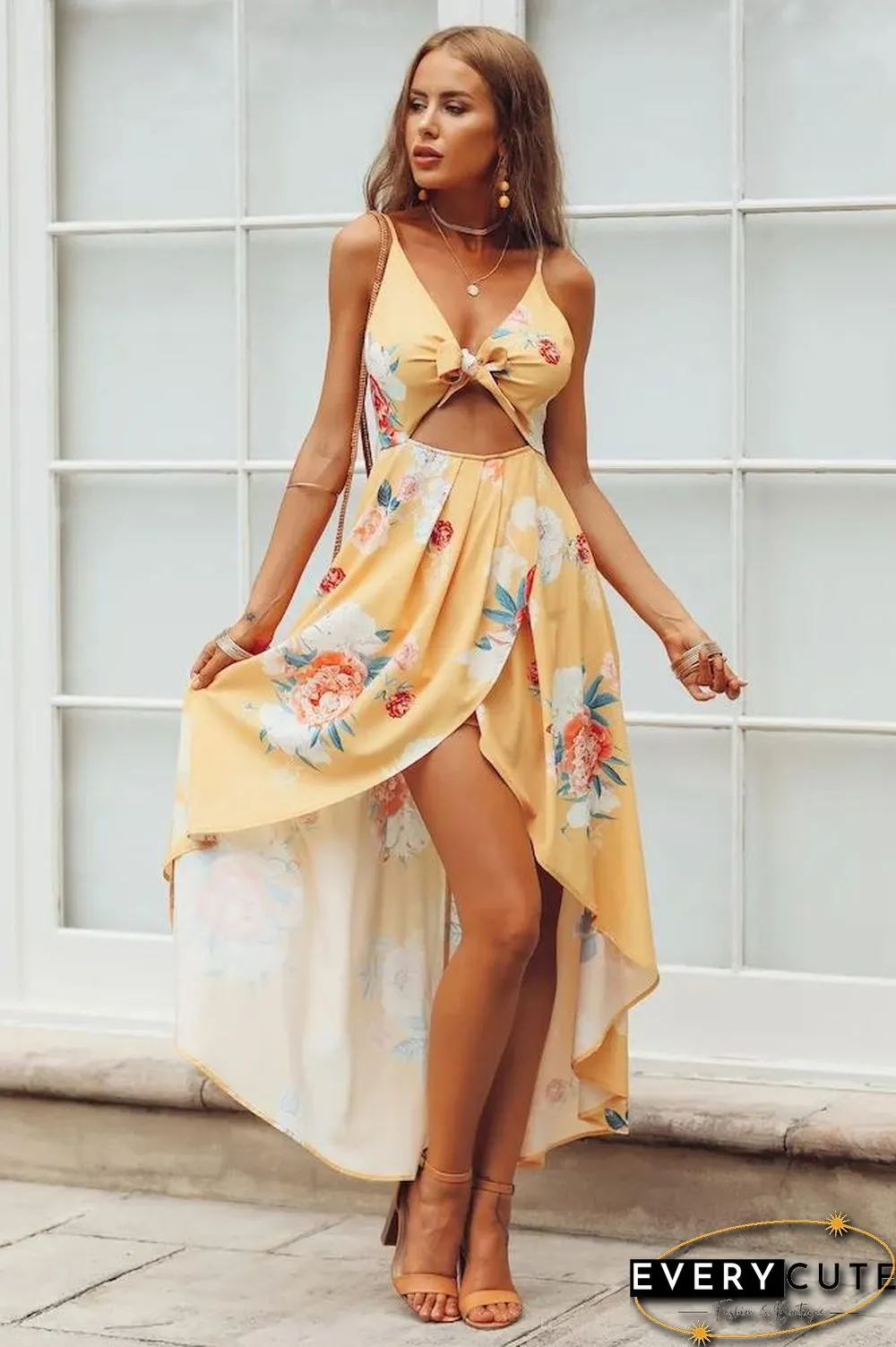 Pink Sleeveless Flowers Printed Irregular Hem Dress