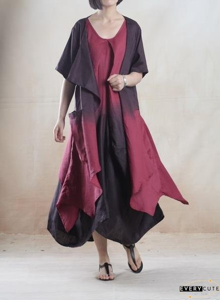 Burgundy gradient Asymmetric linen sundress plus size long maxi dress Two pieces