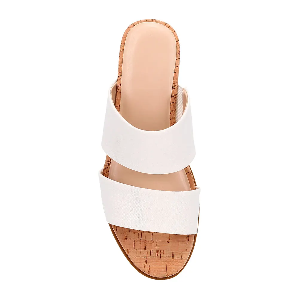 Women's Round Toe Wedge Heel Wide Strap Slip On White Sandals